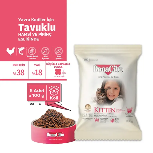 BonaCibo Kitten 100 gr x 5 Adet Tavuklu (Hamsi ve Pirinç eşliğinde) Yavru Kedi Maması