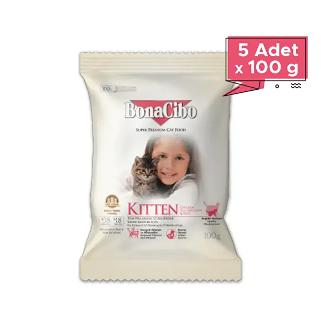 BonaCibo Kitten 100 gr x 5 Adet Tavuklu (Hamsi ve Pirinç eşliğinde) Yavru Kedi Maması