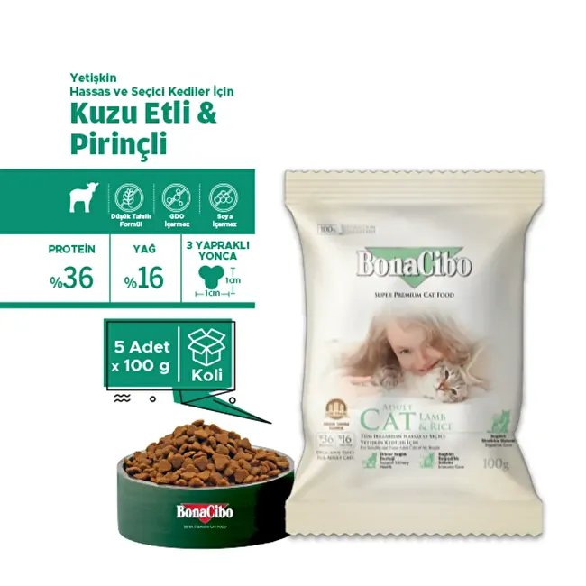 BonaCibo Adult Cat Lamb & Rice 100 gr x 5 Adet Kuzu Etli ve Pirinçli Yetişkin Kedi Maması