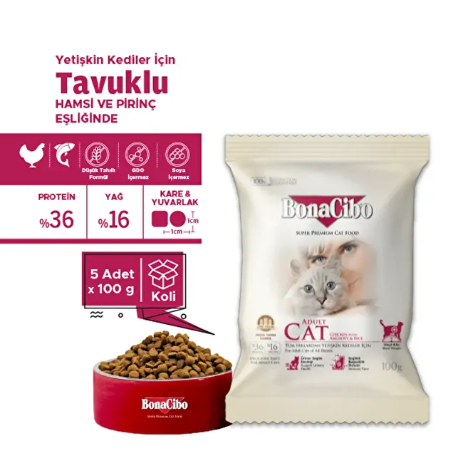 BonaCibo Adult Cat 100 gr x 5 Adet Tavuklu (Hamsi ve Pirinç eşliğinde) Yetişkin Kedi Maması