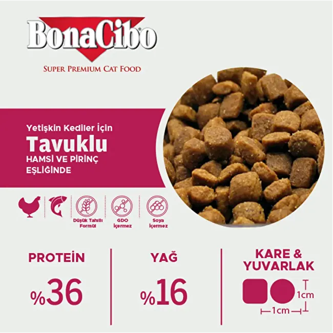 BonaCibo Adult Cat 100 gr x 5 Adet Tavuklu (Hamsi ve Pirinç eşliğinde) Yetişkin Kedi Maması