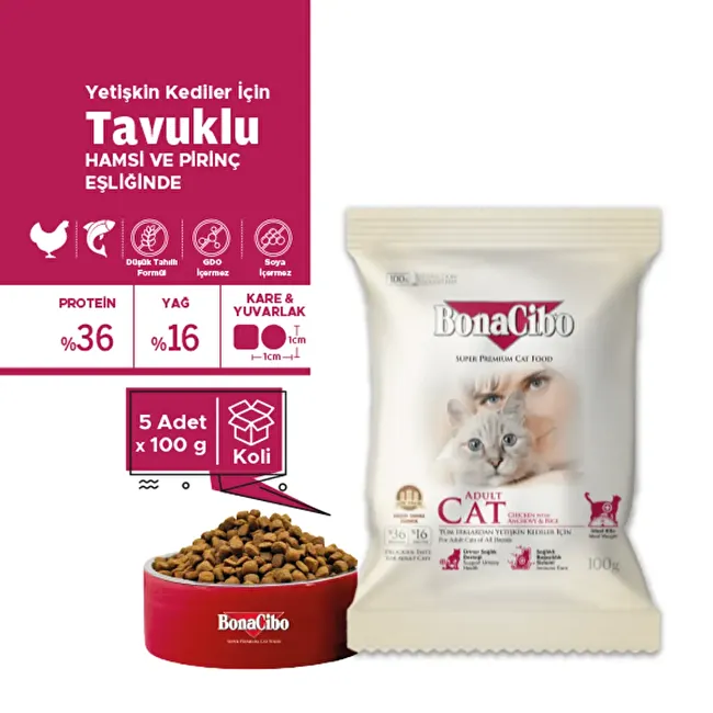 BonaCibo Adult Cat 100 gr x 5 Adet Tavuklu (Hamsi ve Pirinç eşliğinde) Yetişkin Kedi Maması