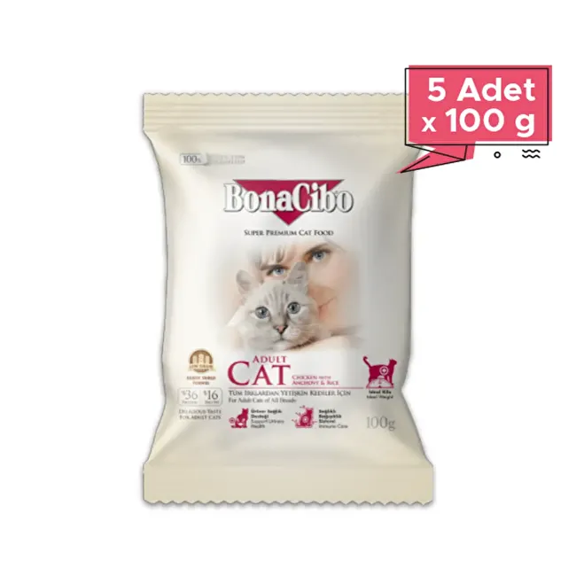 BonaCibo Adult Cat 100 gr x 5 Adet Tavuklu (Hamsi ve Pirinç eşliğinde) Yetişkin Kedi Maması