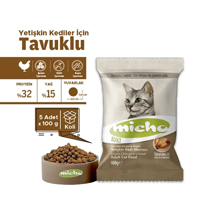 Micho Adult Cat 100 gr x 5 Adet Tavuklu (Hamsi ve Pirinç eşliğinde) Yetişkin Kedi Maması