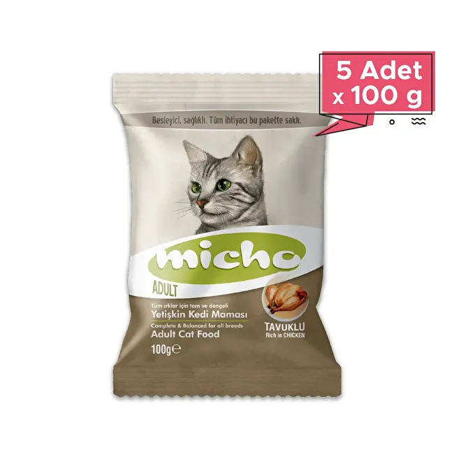 Micho Adult Cat 100 gr x 5 Adet Tavuklu (Hamsi ve Pirinç eşliğinde) Yetişkin Kedi Maması